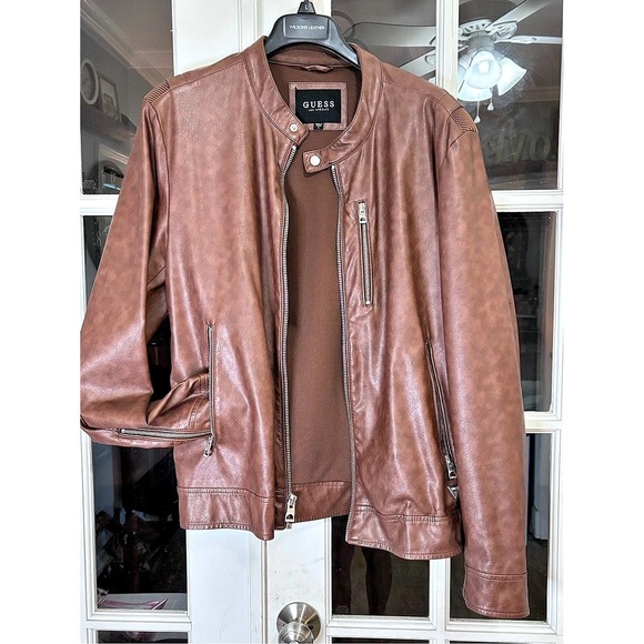 Guess Other - GUESS Brown Faux Leather Moto Jacket Mens Large Zip Front Snap Collar 119AU407
